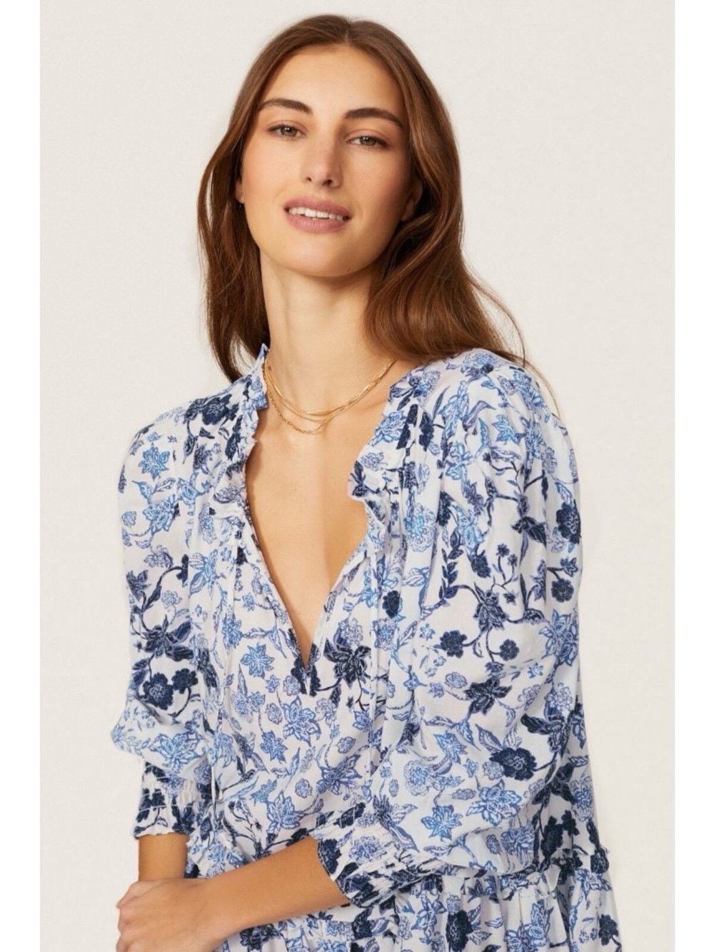 MISA Los Angeles Maya Tunic Dress Floral Ruffle Menara Petals Blue/White - Picture 3 of 8